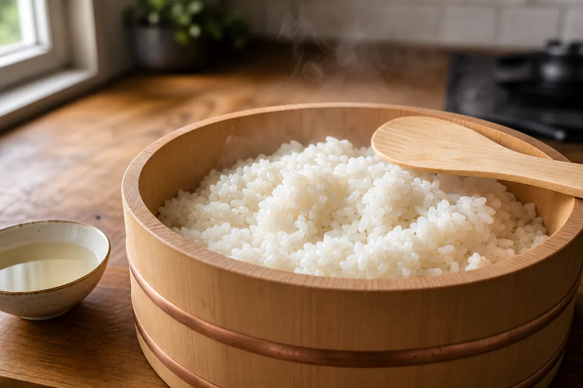 Riz vinaigré fumant dans un bol en bois avec spatule