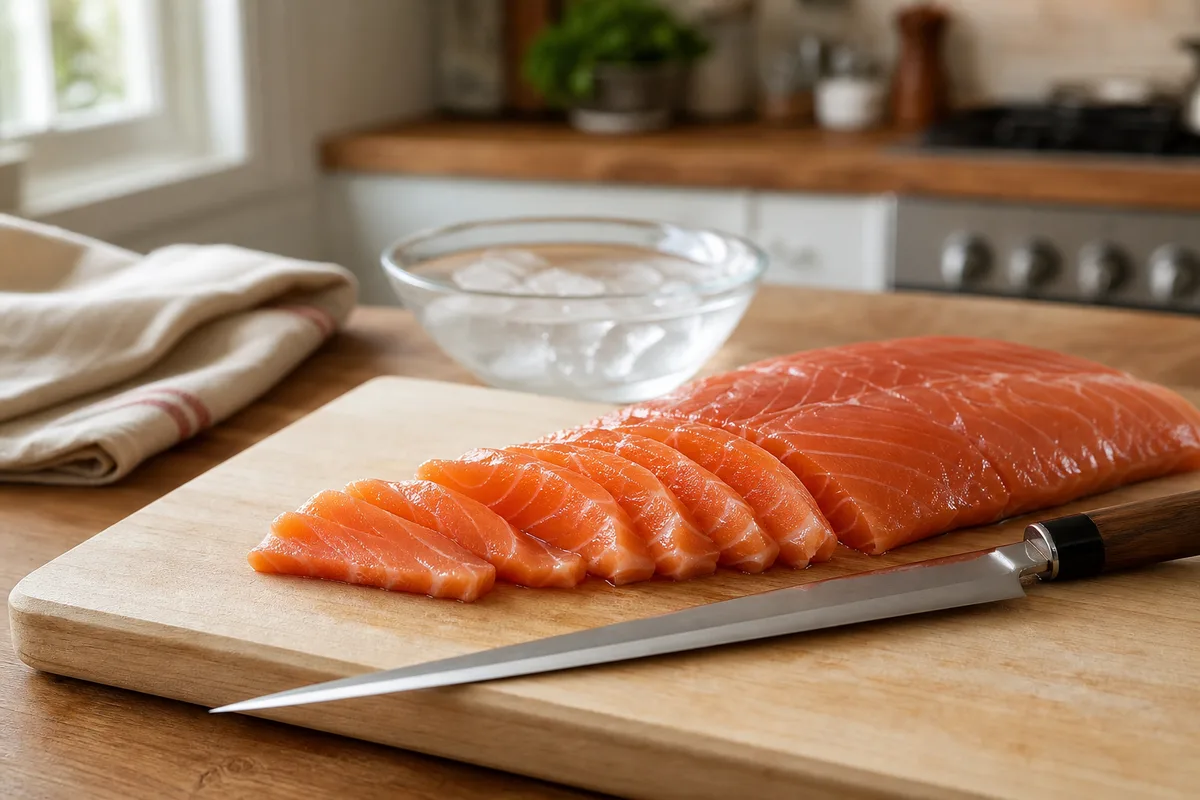 Filet de saumon cru tranché finement sur planche à découper