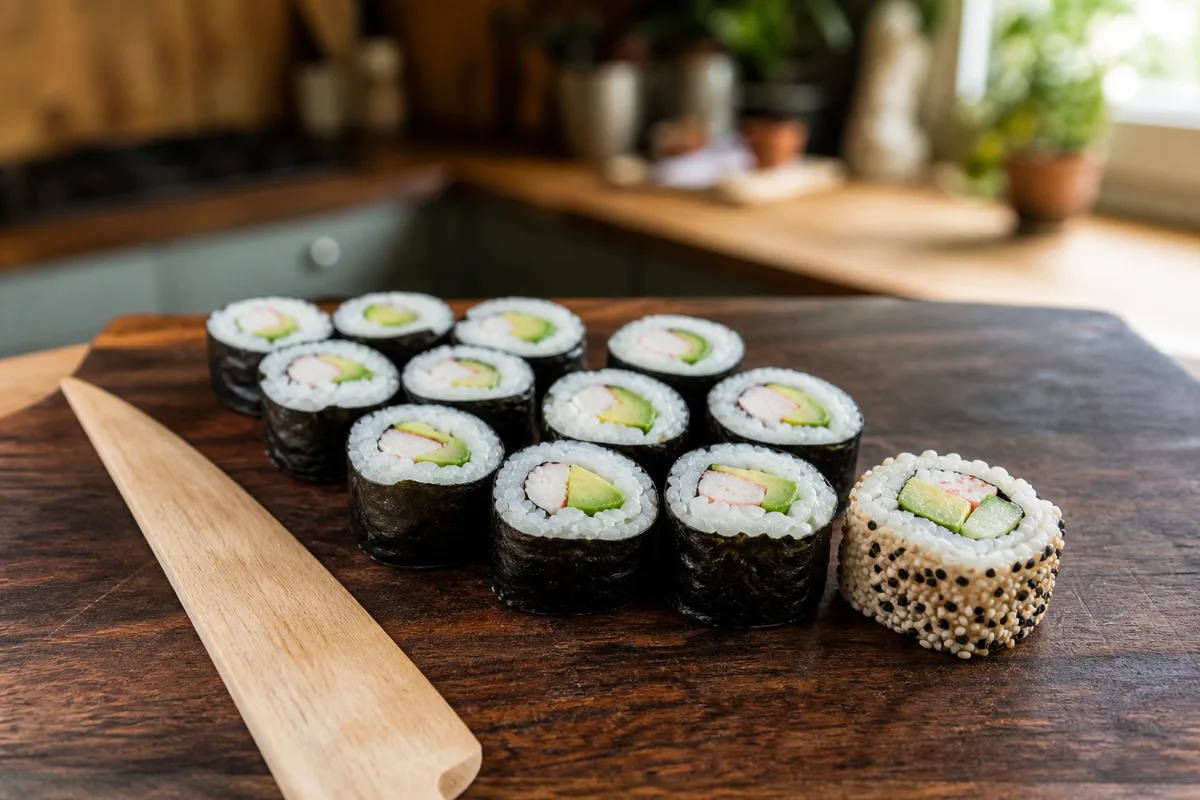 Rouleau de maki tranché en bouchées régulières sur planche
